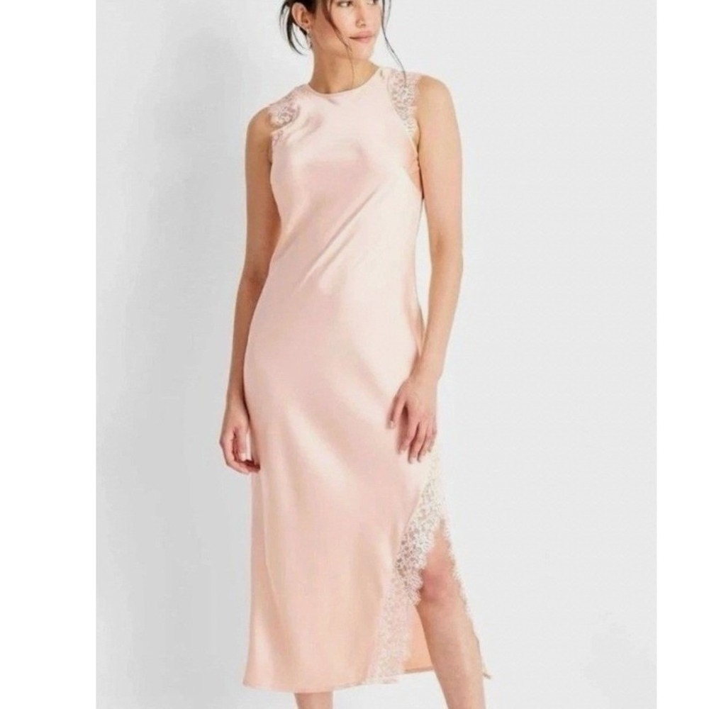 Future Collective Peach Satin Lace Trim Midi Dress Cap Sleeve Size M NWT